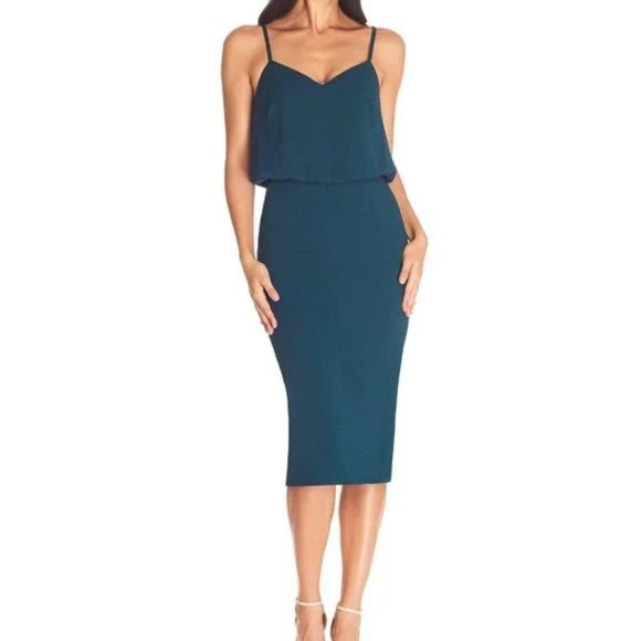 Dress The Population Alondra Dress Pencil Blouson Pine Women's XS MSRP $149 - Picture 1 of 9